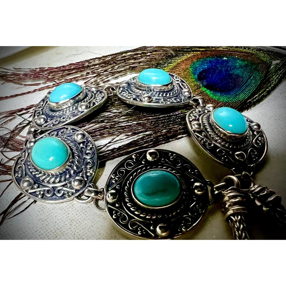 Blue Amazonite Bali Style Sterling Silver Link Bracelet Sz 8.5" 24g